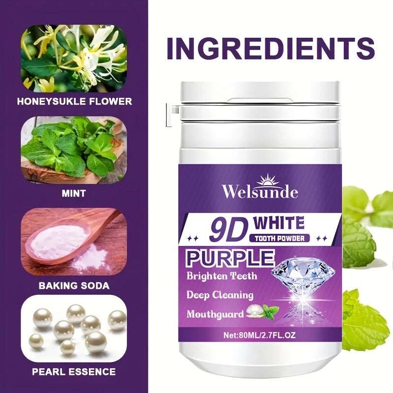 Polvo Dental Morado 9D con Bicarbonato de Sodio para Pulir y Limpiar los Dientes