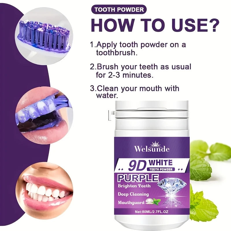 Polvo Dental Morado 9D con Bicarbonato de Sodio para Pulir y Limpiar los Dientes