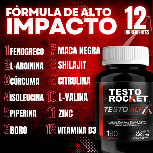 TESTO ROCKET ALFA Precursor Testosterona 12 Ingredientes 180 Cápsulas 3 meses