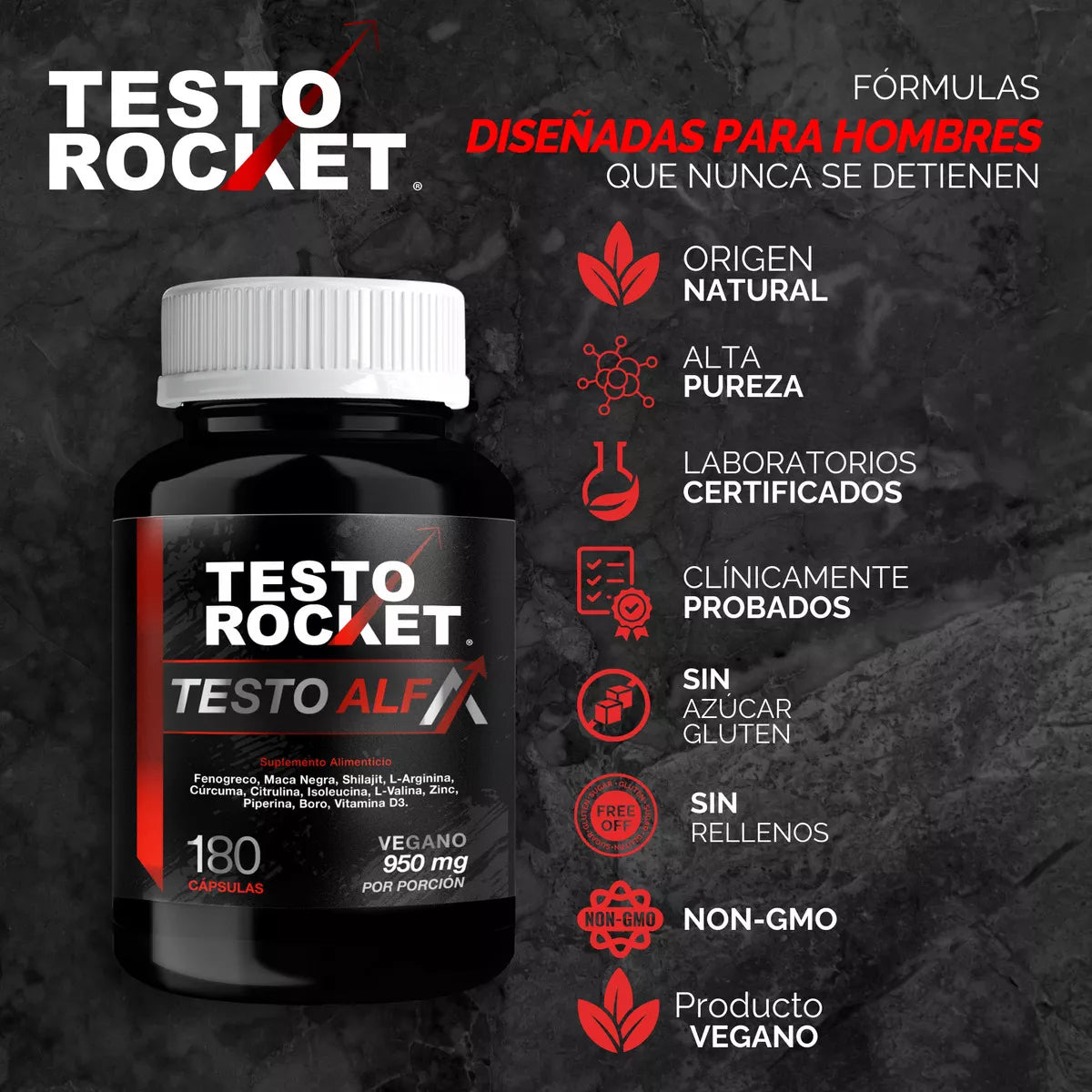 TESTO ROCKET ALFA Precursor Testosterona 12 Ingredientes 180 Cápsulas 3 meses