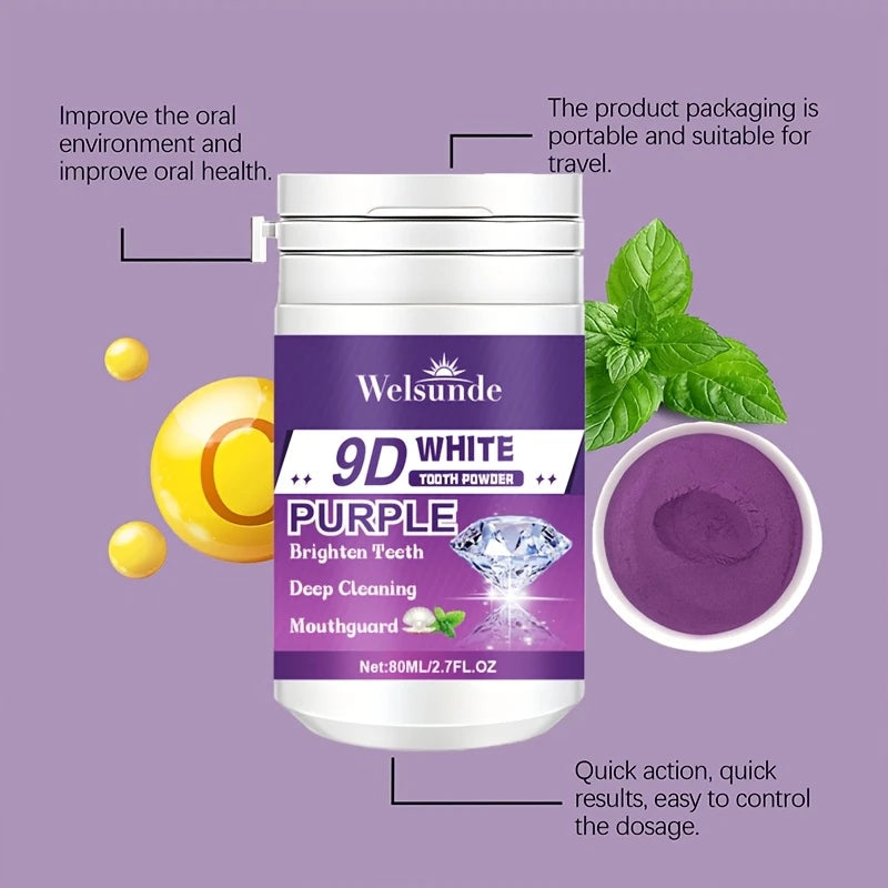 Polvo Dental Morado 9D con Bicarbonato de Sodio para Pulir y Limpiar los Dientes